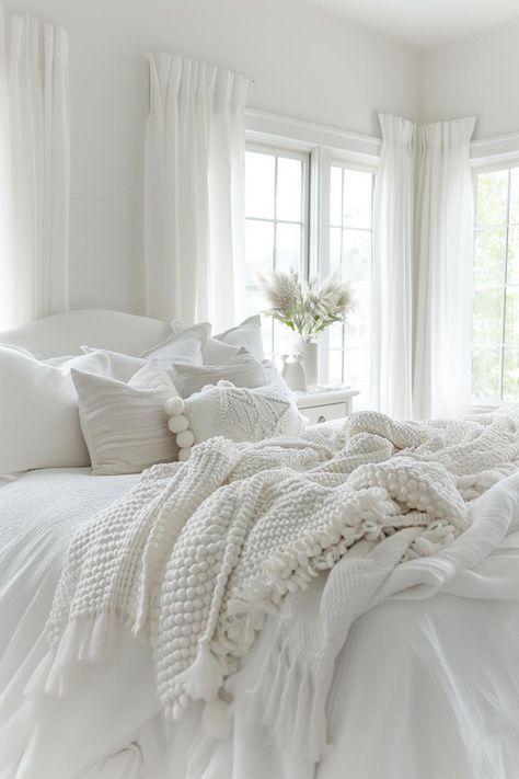 40 Neutral Bedroom Ideas To Create a Chic Retreat White Bedding Ideas Pop Of Color Cozy, All White Bedding Ideas, Modern Bedrooms Luxury, Cream And White Bedroom Neutral Tones, White Bedroom Ideas Minimalist, Off White Bedroom Ideas, Bed Aesthetic White, White Cozy Room