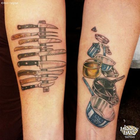 Cooking Tattoos, Cook Tattoo, Pot Tattoo, Cooking Tattoo, Culinary Tattoos, Tattoo Food, Chef Tattoo, Cooking Knives, Colorful Tattoo