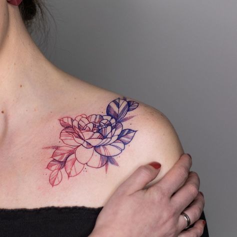 Red White And Blue Tattoos For Women, Blue And Red Tattoo, Red And Blue Tattoo, Coloured Rose Tattoo, Brown Tattoo Ink, Blue Flower Tattoos, Brown Tattoo, Blue Ink Tattoos, Flowers Tattoos