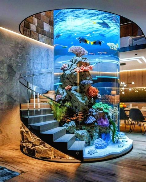 House With Aquarium, In House Aquarium, Aquarium Staircase, Aquriam Ideas Home, Aquarium Room Ideas, Aquarium In House, Aquarium Design Fish Tanks, Luxury Aquarium, Home Aquarium Ideas