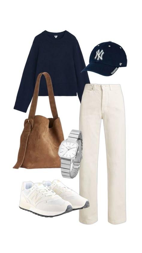 Outfit collage displaying a trendy fall outfit. Outfit of cream, denim trousers, navy blue knit sweater, creamy, New Balance sneakers, Arket wash leather bag, navy blue baseball cap and silver watch Italian Casual Outfit, Porsche Mom Outfits, Put Together Aesthetic Outfit, 4’11 Height Women Outfits, Nautical Aesthetic Outfit, Nantucket Fall Outfit, Fall Baseball Game Outfit, Brunch Winter Outfit, Boston Fall Outfits