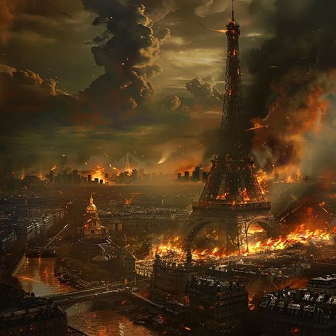 The image shows a scene of Paris in ruins. The Eiffel Tower is on fire, and the city is engulfed in flames ->> more details in ai-img-gen.com City On Fire Art, Burning City Art, Castle On Fire, Burning City Background, City On Fire, Paris Is Burning, Burning City, In Flames, Fire Art