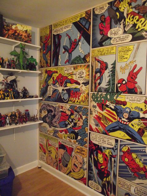 Marvel Comics wall mural... It looks amazing in the figure room. Every big boys dream room almost complete... Sala Nerd, Avengers Bedroom, Marvel Bedroom, Marvel Room, Geek Room, Nerd Room, Superhero Bedroom, Superhero Room, Bedroom Remodel