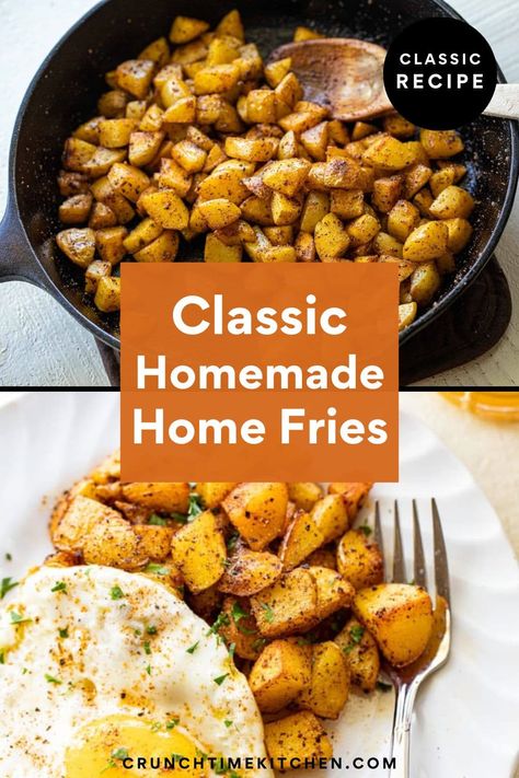 Home fries are a breakfast staple but getting the balance right between tender potatoes and crispy edges can be tricky. Here's the full-proof way to make them! crunchtimekitchen.com #breakfast #brunch #homefries #potatoes #crispypotatoes Homemade Home Fries, Eggs And Potatoes, Crispy Breakfast Potatoes, Fries At Home, How To Make Home, Homemade Home, Home Fries, Potato Recipes Side Dishes, Breakfast Potatoes