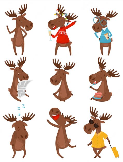 Moose Logo Design, Moose Cartoon, Moose Illustration, Fauna Illustration, Autumn Animals, Elf Characters, Deer Illustration, Funny Santa Claus, Christmas Moose