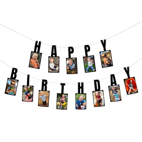 Give your birthday decorations a personal touch with this photo garland! Featuring two strands that spell out "Happy Birthday", this garland will look amazing displayed above the party table or in the background of a photobooth and comes with photo holders attached to the letters. You can preload the holders with your favorite photos of the birthday honoree or let guests bring their own photos to complete the garland and turn it into a fun keepsake. Cardstock. (2 pcs. per set) 7 ft. - 9 ft. x 10 Birthday Picture Wall, Picture Display Ideas For Party, Birthday Decorations For Mom, Picture Garland, Birthday Photo Displays, Birthday Photobooth, Custom Birthday Decorations, Ruby Jubilee, Photo Backdrop Birthday