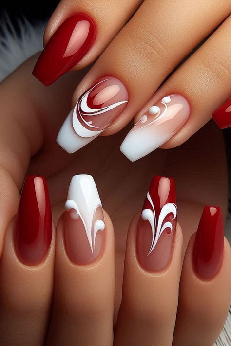 Christmas Nail Art French Tip, French Manicure For Christmas, French Manicures With A Twist, French Tip Christmas Nail Ideas Almond, Red White Silver Nails, French Tip Nails For Christmas, Classy Christmas Nails Coffin, Red And White French Tip, Christmas Nails French Tip Holidays