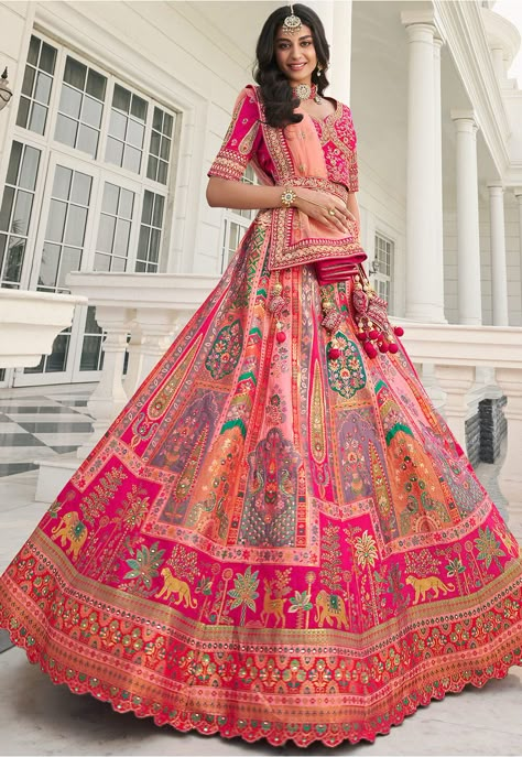 Woven Jacquard silk lehenga choli in Pink and Peach color 1027 Desc:  Style : A-Line Lehenga Choli Color : Peach and Pink Fabric : Silk , Net dupatta Work : Heavy Jacquard Woven With Embroidery & Stone Work Wash Care : Dry clean Sleeve Style : Half Sleeve Long Sleeves : Done only in Custom Stitch Sleeves Lining : Done only in Custom Stitch Bust Size : 32 to 42 Inches Occasion : Wedding   Mehendi   Sangeet   Engagement   Reception   Ceremonial   Baby Shower. With Express Free Shipping and Cus Engagement Lehenga Designs, Lehenga Saree Designs, Multicoloured Lehenga, Bridal Lehenga Ideas, Multicolor Lehenga, Mehandi Bridal, Sangeet Look, Designer Bridal Dress, Long Choli Lehenga