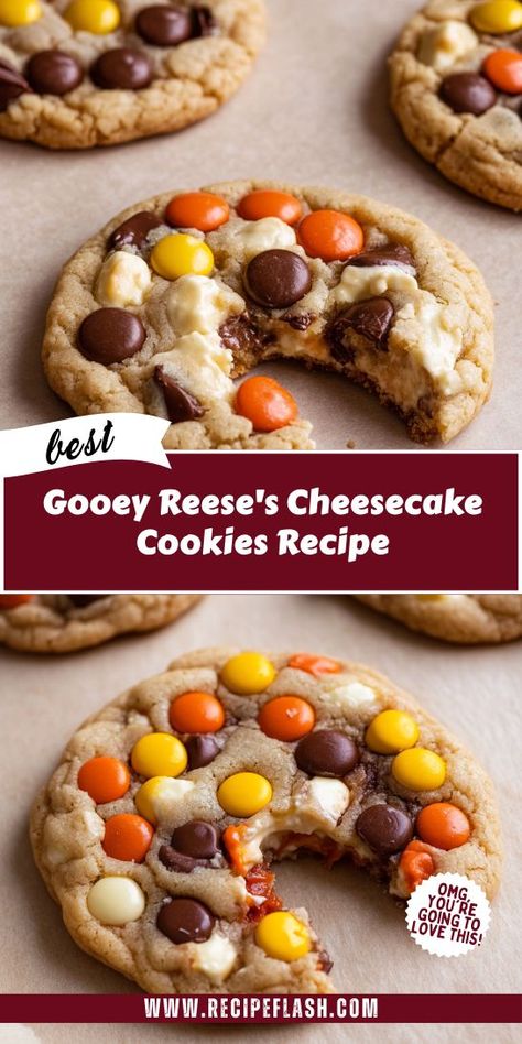 Craving something sweet? Try these Gooey Reese's Cheesecake Cookies! Combining the richness of cheesecake with the flavor of Reese's, this dessert recipe is perfect for any occasion. Easy to make and even easier to enjoy, these cookies will become a favorite in your dessert collection! Peanut Butter Cookie Cheesecake, Reece Cookies, Reese’s Pieces Dessert, Reeces Pieces Cookie, Reese’s Peanut Butter Cookies Recipe, Reese's Cheesecake, Reeses Cheesecake, Cheesecake Cookies Recipes, Cheesecake Cookies