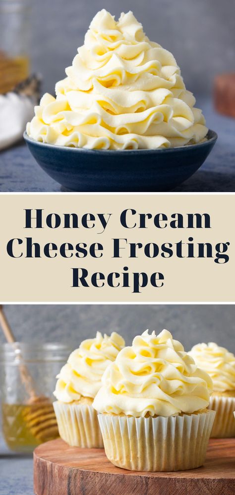 This honey cream cheese frosting recipe is super easy to make. It is just the right amount of tangy and not too sweet. Honey Ganache Recipe, Honey Butter Cream Frosting, Cream Cheese Frosting With Honey, Cream Cheese Frosting Thick, Honey Frosting Recipe, Honey Cream Cheese Frosting, Cupcakes Frosting Recipes, Cheese Cream Recipes, Whipped Cream Flavors