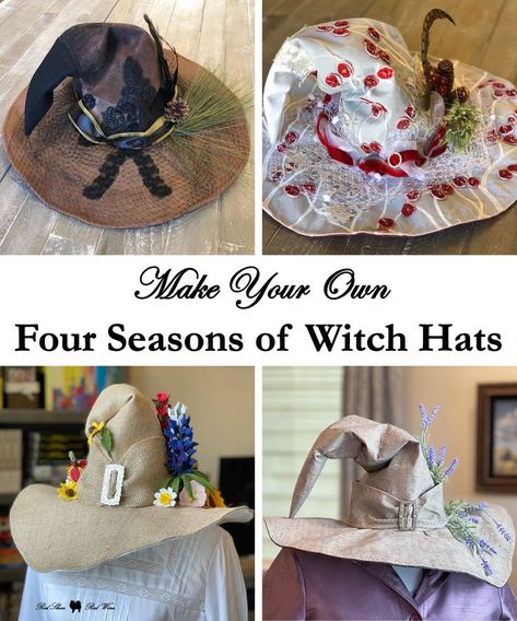 Witch hats have come full circle! I published a guest blog post on how to make your own witch hat, I used that tutorial to make my loblolly witch hat, and my friend Andi used these inspiration pieces to make her own autumn witch hat. This past year she and I have been making a witch hat for every season. I digitized her measurements to create a pattern and make my own smaller witch hat like hers. Today we’re sharing our hats! [Links to relevant tutorials and free patterns in the post] Make A Witches Hat, Painted Pinecones, Autumn Witch, Witches Hats, Witch Shop, Halloween Things, Witches Hat, Hat Base, Witch Hats