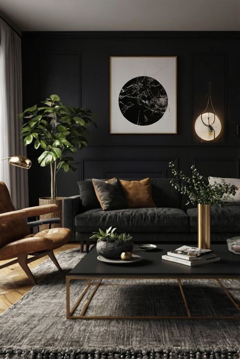 Black Focus Wall Living Room, Moody Living Room Black Wall, Black Feature Wall Living Room Paint, Black Accent Wall Living Room Ideas, Best Black For Accent Wall, Living Room With Black Accent Wall, Black Wall Living Room, Black Dimensional Accent Wall, Black Walls Living Room