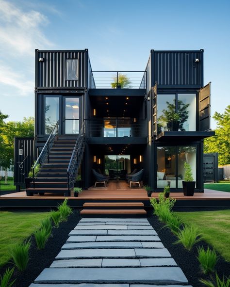 Container Hacker | Facebook 3 Story Shipping Container Home, Container Home Mansion, Courtyard Container Home, Black Shipping Container Home, Once Human House Design, Large Shipping Container Homes, Modern Container Homes, Container House Interior, House Models