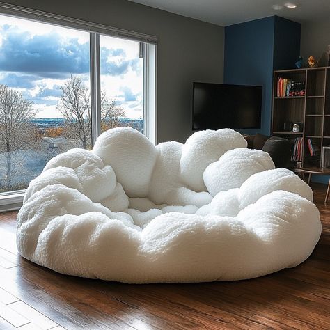 The Cloud Bean Bag is a plush, cloud-shaped seat that brings ultimate comfort and relaxation to any space. Designed to resemble a soft, fluffy cloud, its rounded, gentle contours and cushioned form cradle your body, offering a cozy place to lounge. Made from premium, breathable fabric and filled with high-density foam, this bean bag molds to your shape, providing ergonomic support. Perfect for reading, napping, or simply unwinding, the Cloud Bean Bag adds a whimsical, nature-inspired touch to... Cloud Bean Bag, Room Inspo Bean Bag, Massive Beanbag, Cozy Bean Bag Corner, Bean Bags Bedroom, Big Bean Bag Bed, Aesthetic Bean Bag, Bean Bag Aesthetic, Beanbag Couch