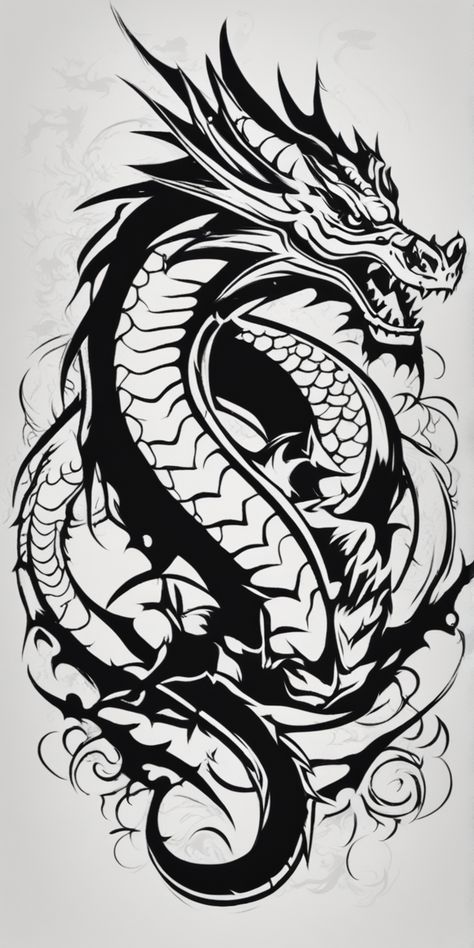 Black Dragon Tattoo Design, Dragon Black And White, Dragon Stencil, Dragon Tattoo Outline, Simple Unique Tattoos, Dragon Tattoo Vector, Black And White Dragon, Dragon Tattoo Stencil, Tattoo Stencil Designs