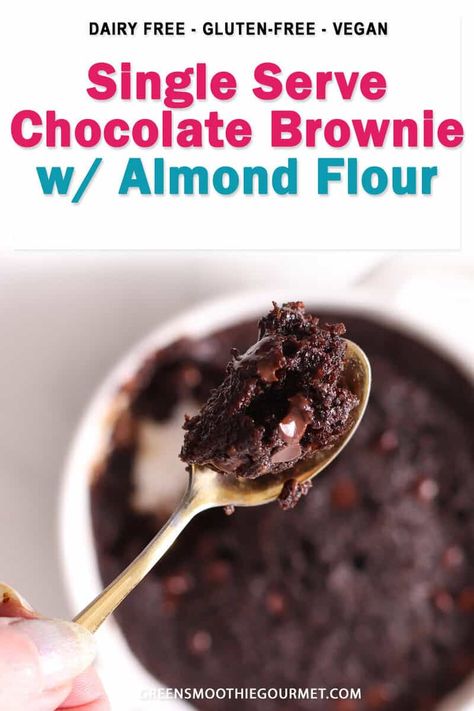 A single serving brownie with almond flour that is fudgy, is easy to make in one minute and made without eggs, gluten free, dairy free and creates a  healthy protein mug brownie in a microwave or oven. Single Serve Fudgy Brownie, Almond Flour Brownie In A Mug, Almond Flour Mug Brownie, Healthy Microwave Brownie, Protein Brownie In A Mug, Healthy Mug Brownie, Protein Mug Brownie, Single Serving Brownie, Mug Brownie Recipes