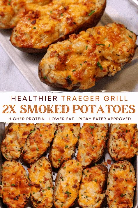 Use your Traeger grill to make smoked bacon, roasted garlic, and baked potatoes all at the same time so you can mash everything together with a creamy, cheesy filling and smoke them to perfection. These twice baked potatoes are a delicious side that's a surprisingly low fat, high protein side dish. If you have a Traeger, you have to give these a try! Traeger Supper Ideas, Treager Recipes Sides, Vegan Treager Recipes, Ground Beef Traeger Recipes, Sides To Make On The Smoker, Traeger Healthy Recipes, Fast Traeger Recipes, Trager Recipes Sides, Side Dishes On Smoker