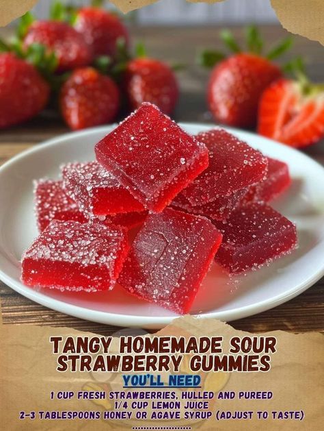 Bobby Flay Community - We Love To Eat ! | 🍓 Tangy Homemade Sour Strawberry Gummies | Facebook Sour Gummies Recipe, Strawberry Gummies, Medicinal Recipes, Healthy Gummies, Homemade Gummies, Gelatin Powder, Gummy Sweets, Dessert Strawberry, Homemade Recipe Books