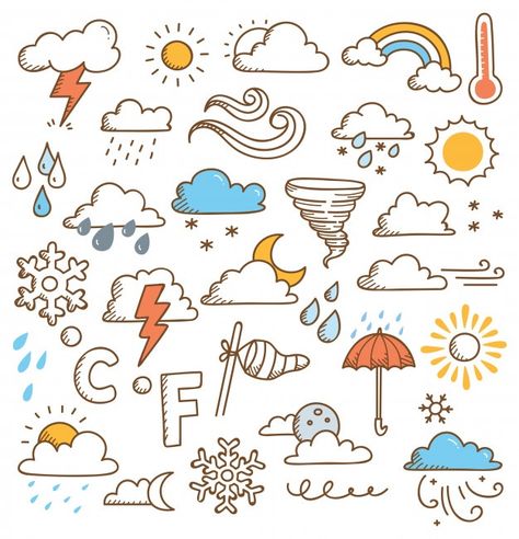 Learn Tattoo, Weather Drawing, Weather Doodles, Weather Stickers, Doodles Illustration, Bujo Doodles, Smash Journal, Doodle Art Journals, Weather Icons