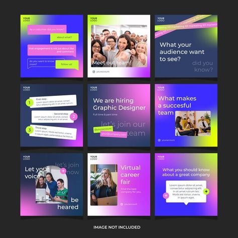 Gradient Social Media Post, Modern Instagram Post Design, Neon Social Media Design, Graphic Design Agency Social Media Posts, Education Instagram Feed, Gradient Social Media Design, Instagram Event Post, Corporate Instagram Feed, Instagram Business Posts