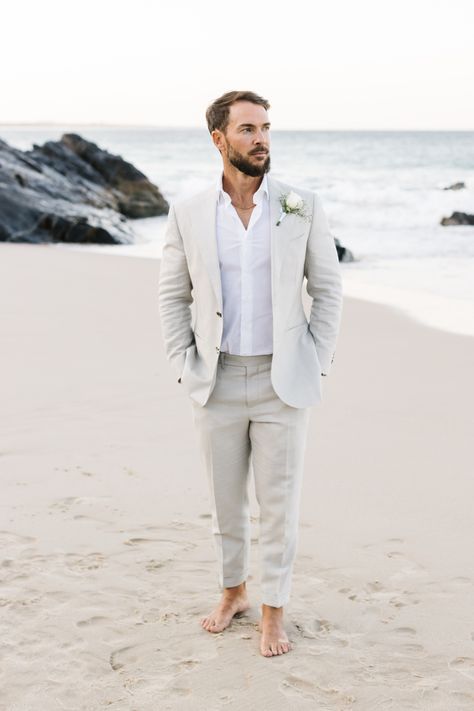 Seaside, coastal feel, relaxed summer vibes Grey Suit Beach Wedding, Coastal Wedding Outfit Men, Summer Beach Wedding Groom Attire, Beach Father Of The Bride Attire, Beach Wedding Husband Outfit, Beach Wedding Wear For Men, Light Grey Suit Beach Wedding, Beach Wedding Ideas For Men, Simple Beach Wedding Ideas Groom Attire