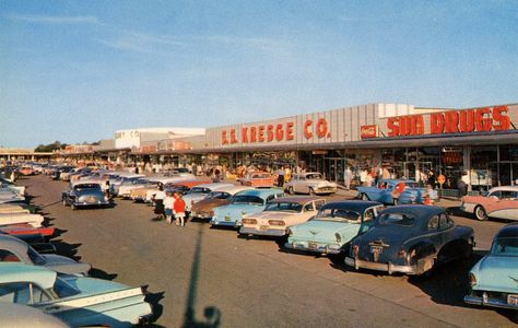 Monroeville Shopping Center, Monroeville, Pa. - Postcards  Parked over at the Incredibly Boring Postcards group.  Printed on the back of this postcard: "The beautiful Monroeville Shopping Center, Monroeville, Penna."   The Monroeville Shopping Center, known today as the Miracle Mile Shopping Center, was situated just a couple of miles away from the location of the later Monroeville Mall, where George Romero filmed his cult horror film Dawn of the Dead. Monroeville Mall, Miracle Mile, Cars Vintage, Shopping Malls, Us Cars, Pittsburgh Pa, The Good Old Days, Shopping Center, Vintage Postcard