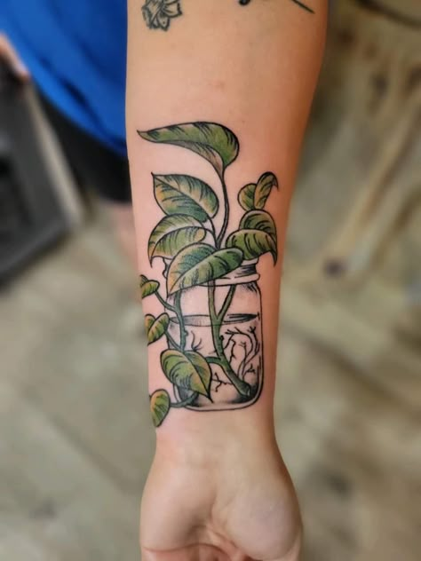 Arm Plant Tattoos For Women, Plant Ring Tattoo, Botanical Tattoo Traditional, House Plant Tatoos, Plant Theme Tattoo, Traditional Style Plant Tattoo, Plant Themed Tattoos, Plant Mom Tattoo, Indoor Plant Tattoo