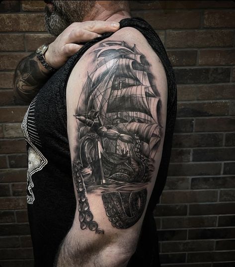 Octopus tattoo Shipwreck Kraken Shipwreck Tattoo, Sea Tattoo Sleeve, Arm Tats, Octopus Tattoos, Sea Tattoo, Octopus Tattoo, Ship Tattoo, Tat Ideas, Tattoo Sleeve