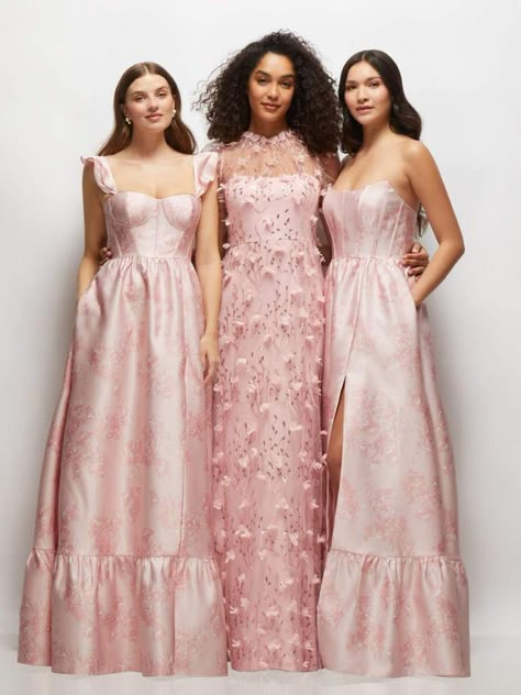 Unique Bridesmaids Dresses, Mix Match Pink Bridesmaid Dresses, Quirky Bridesmaid Dresses, Mixed Fabric Bridesmaid Dresses, Different Bridesmaid Dresses Mix Match, Mismatched Bridesmaid Dresses Pink, Pink And Green Bridesmaid Dresses, Non Matching Bridesmaid Dresses, Bridesmaids Aesthetic