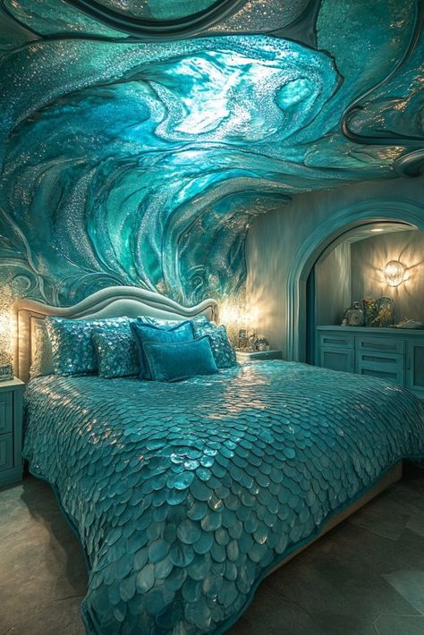 Aquatic Blue Mermaid’s Cove Mermaid Bedroom Ideas Kids, Blue Fantasy Bedroom, Undersea Bedroom, Under The Sea Bedroom Ideas, Siren Bedroom, Sea Bedroom Ideas, Fantasy Bedrooms, Ocean Inspired Bedroom, Princess Rooms