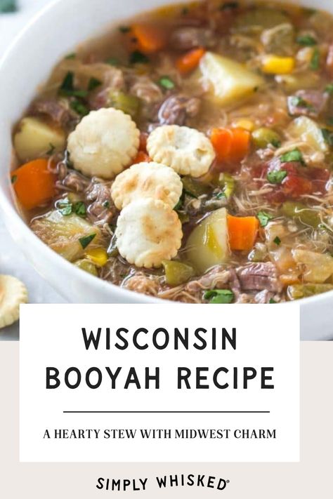 It might have a funny name, but this traditional Wisconsin booyah recipe is a scaled down version of the original, made with chicken and beef. It's hearty, filling and perfect for a small crowd. Serve it with oyster crackers for an authentic experience. Makes about 8 quarts. Wisconsin Booyah Recipe, Wisconsin Recipes, Booyah Recipe, Chicken And Beef, Oyster Crackers, Crackers, Stew, Wisconsin, Soups