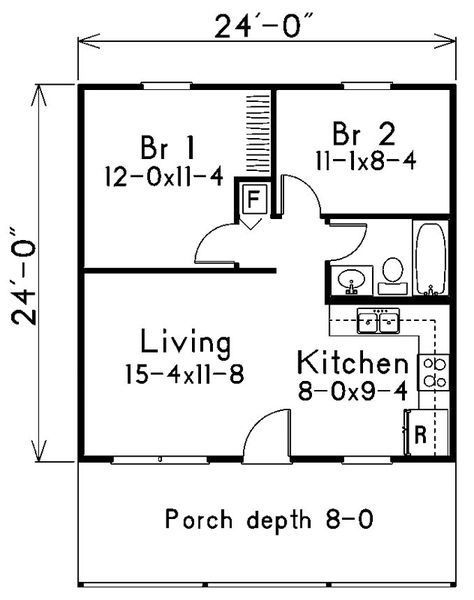 Main Floor Plan 576 Sq Ft Floor Plan, 24x24 House Plans 2 Bedroom, 24x24 House Plans, 2 Bed Tiny House, Garage Apartment Plans, Two Bedroom House, 2 Bedroom House Plans, Cabin Floor Plans, Monster House Plans