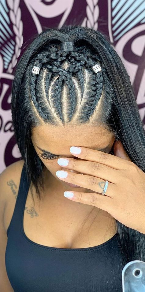 corn row braids, corn row braid half up, braided hairstyles Cornrow Half Head, Half Cornrow Braids Hairstyles, Braided Bangs Hairstyles Half Up, Quick Braid Styles For Black Women, Hairstyles Braids Half Up Half Down, Corn Row Designs Hairstyles, White Girl Cornrows Half Head, Braided Cornrow Half Up Half Down, Half Corn Rows Half Box Braids