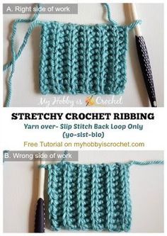 Faux Knit) Crochet Ribbing Tutorial on myhobbyiscrochet.com  Yarn Over Slip Stitch Back Loops Only (yo-slst-blo) Crochet Ribbing Tutorial, Crochet Ribbing, Slip Stitch Crochet, Ribbed Crochet, Crochet Motifs, Crochet Stitches Tutorial, Crochet Instructions, Crochet Stitches Patterns, Tunisian Crochet