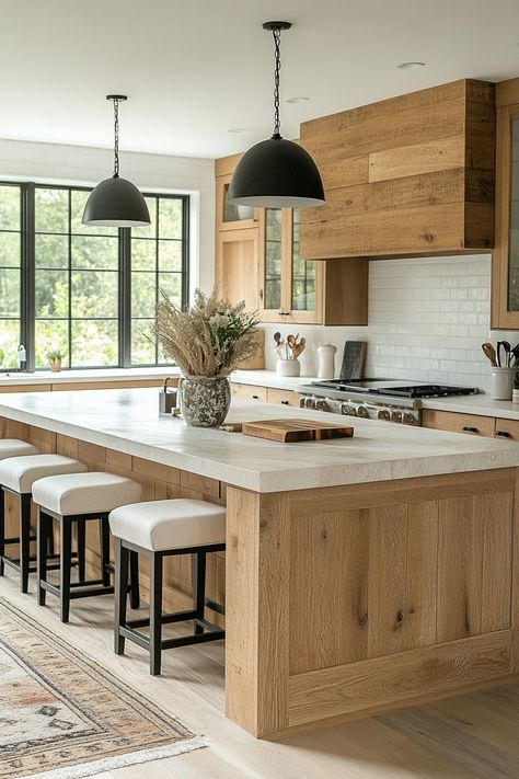 Driftwood Kitchen Island, Black Natural Wood Kitchen, Large Kitchen No Island, Wood Kitchen Black Island, Kitchen Island Natural Wood, Off White And Wood Kitchen, Tulum Style Kitchen, Oak Cabinets With Black Island, White Black Oak Kitchen