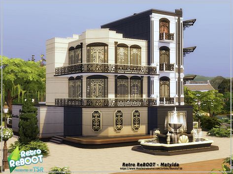 Sims 4 — Retro ReBOOT - Matylda [restaurant] by Danuta720 — Art-Deco style restaurant - created as part of Retro REBOOT Sims 4 Vintage Glamour, Sims 4 Retro, Sims 4 Restaurant, Art Deco Exterior, The Sims 4 Lots, Victorian Wallpaper, Sims 4 House Design, Sims House Design, Vintage Restaurant