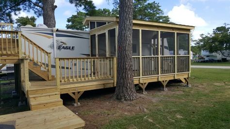 Porch on a camper by leisure time decking greensboro nc Rv Patio Ideas, Porch For Rv, Porch For Camper, Beautiful Porches, Rv Deck, Rv Shelter, Trailer Deck, Rv Carports, Rv Patio