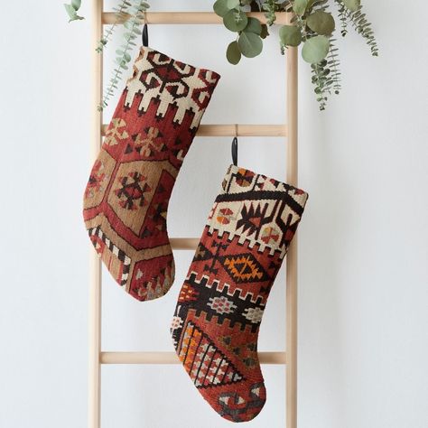 Cool Prints: The Citizenry Kilim Handcrafted Kilim Stocking Classic Color Palette, Handcrafted Decor, Festive Decor, Decor Pieces, Upcycled Vintage, Vintage Kilim Rug, Artisan Craft, Basket Decoration, Fitness Beauty