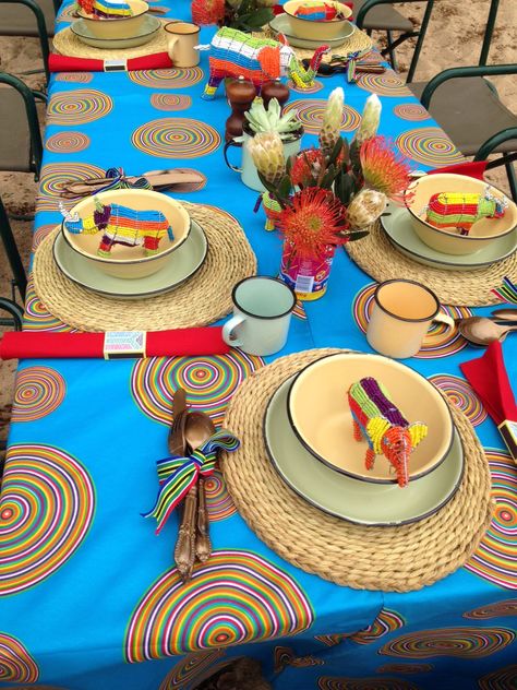 Table Decor Proudly SA themed party South African Decor, African Wedding Theme, Africa Party, African Inspired Wedding, African Christmas, African Inspired Decor, Jungle Theme Parties, African Theme, Tafel Decor