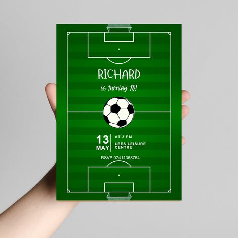 Celebrate your child's birthday with this football and soccer themed kids birthday party invitation! The template is easily customisable and available for instant download. Change the ages, names and party details with ease.  -------------------------------------------------------------------------------------------------------------------------------------------- What is Included ➵ Ready-to-print template featuring a 5x7 inch invitation.  ➵ Easy customisation with the exclusive Canva link - edi Soccer Invitations, Soccer Party Invitations, Football Birthday Party Invitations, Soccer Birthday Invitation, Soccer Birthday Party, Soccer Birthday Parties, Soccer Theme, Football Birthday Party, Soccer Birthday