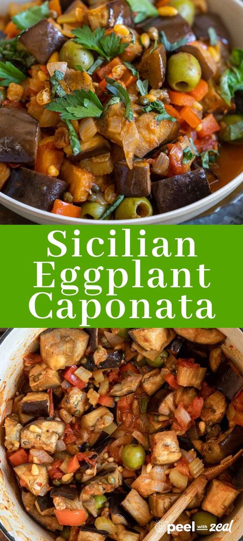 This Sicilian eggplant caponata dish offers a straightforward yet flavorful appetizer option. It consists of roasted eggplant and sautéed vegetables, combined with savory green olives and capers, toasted pine nuts, and plump golden raisins, all simmered in a zesty tomato sauce. Eggplant And Kale Recipes, Italian Caponata Recipe, Sicilian Caponata Recipe, Eggplant Caponata Recipe, Sicilian Eggplant, Sicilian Eggplant Caponata Recipe, Eggplant Appetizer, Caponata Recipe, Sauteed Eggplant