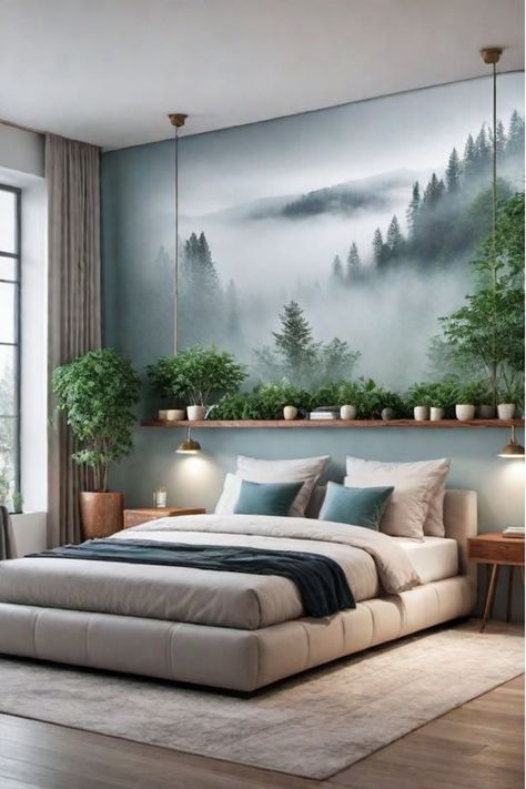 Shelving Bedroom Wall, Cool Bedroom Wallpaper, Bedroom Building Ideas, Room Wall Painting Bedrooms, Bedroom Ideas Hotel Style, Wallpapers For Bedroom Walls, Bedroom Ideas With Wallpaper, Atmospheric Bedroom, Bedroom Oasis Ideas