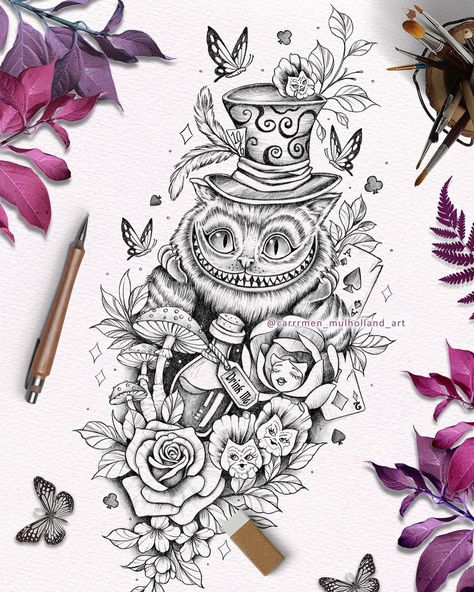 I create custom tattoo designs 🍄Cheshire Cat and everything wonderland for Cassandra 🫖Thank you for giving me such freedom with this design! Contact me via DM for custom designs 🍄 #cheshirecat #aliceinwonderland #cheshirecattattoo #aliceinwonderlandtattoo #pencilsketching #artoftheday #sketchoftheday #tattoodesigner #artworld #tattooideas #handdrawnart Alice In Wonderland Tattoo Sleeve, Cheshire Cat Drawing, Simple Cat Tattoo, Cheshire Cat Tattoo, Alice In Wonderland Tattoo, Alice And Wonderland Tattoos, Cheshire Cat Alice In Wonderland, Alice In Wonderland Drawings, Alice In Wonderland Illustrations