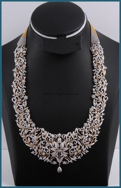 Bridal Diamond Long Necklace - South India Jewels South Indian Diamond Jewellery, Victorian Diamond Jewellery, Diamond Haaram, South Jewellery, Diamond Necklace Indian, Bridal Diamond Necklace, Diamond Necklace Designs, Bridal Diamond Jewellery, Diamond Necklace Set