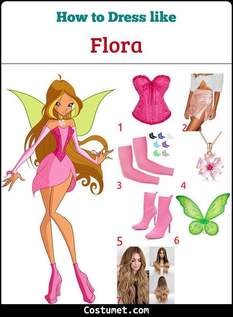 Flora (Winx Club) Costume for Cosplay & Halloween Flora Costume Ideas, Winx Club Flora Halloween Costumes, Winx Club Flora Cosplay, The Winx Club Costume, Winx Club Outfits Flora, Winx Club Kostüm, Wind Club Costume, Flora Winx Halloween Costume, Disfraz Winx Club