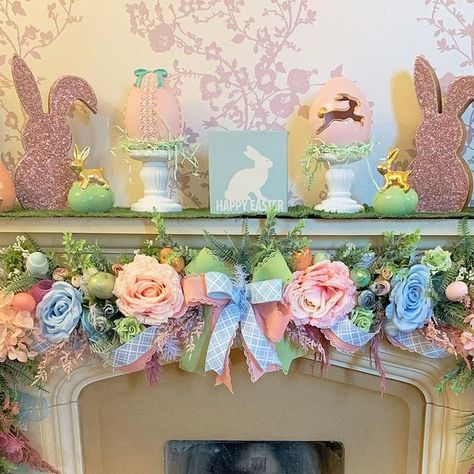 Easter Garland For Mantel, Easter Fireplace Mantel Decor, Easter Fireplace Mantel, Easter Mantle, Easter Display, Mantle Garland, Easter 2024, Easter Stuff, Easter Garland