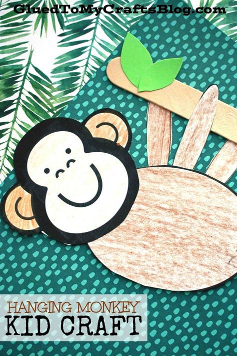 Paper Hanging Monkey - Kid Craft Hanging Monkey Craft, Preschool Popsicle, Monkey Craft, Stick Tree, Monkey Crafts, Summer Kid, Writing Craftivity, Hanging Monkey, Baby Activities