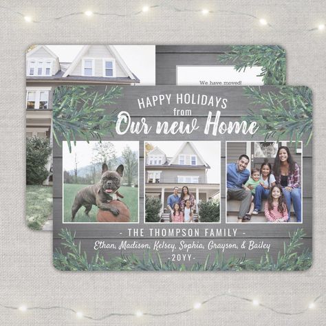 Any Text 4 Photo New Home Farmhouse Greenery Wood Holiday Card Moving Announcement Postcard, New House Announcement, Christmas Pregnancy Announcement, Moving Announcements, Merry Christmas Happy Holidays, Farmhouse Holiday, Holiday Postcard, Christmas Greenery, Our New Home