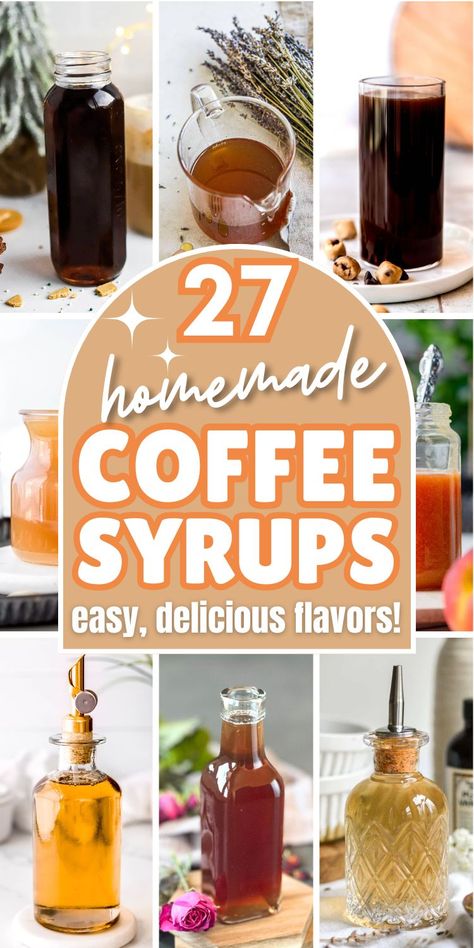 Take your homemade coffee drinks to the next level with one of these flavored coffee syrup recipes! Perfect for when you need new coffee flavor ideas for your lattes, iced coffee, and cold brew! Homemade coffee syrups are quick and easy to make with no preservatives - just all natural ingredients. From caramel simple syrup to unique coffee syrup flavor combinations, you'll discover delicious homemade simple syrup flavors to try. Coffee syrups homemade, homemade syrup for coffee, flavored syrups for coffee. Unique Coffee Syrup Flavors, Homemade Coffee Syrup Recipes, Coffee Syrup Flavor Combinations, Simple Syrup Flavors, Flavored Syrups For Coffee, Latte Flavor Ideas, Diy Coffee Syrup Recipes, Caramel Simple Syrup, Coffee Flavor Ideas