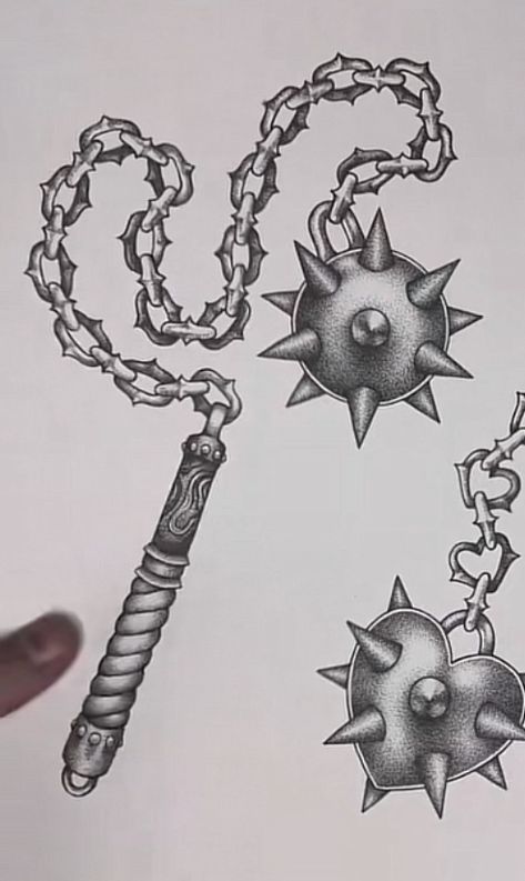 Chain Ball Tattoo, Flail Tattoo Drawing, Heart Chain Mace Tattoo, Mace And Chain Tattoo Design, Heart Mace Tattoo, Traditional Mace Tattoo Design, Ball And Chain Tattoo Traditional, Chain Mace Tattoo, Mace Drawings